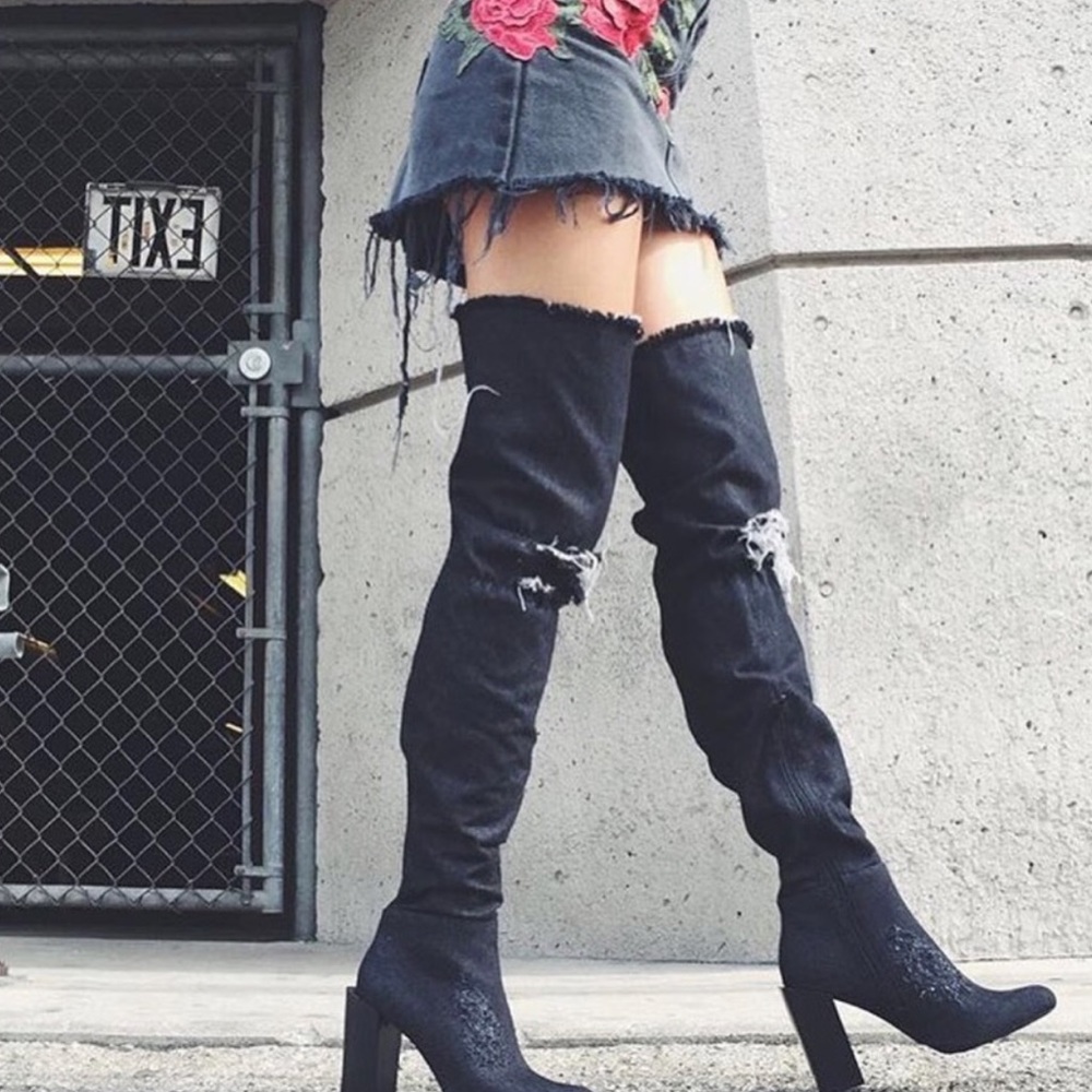 Jeffrey Campbell x LF distressed denim OTK boots - Picture 2 of 5